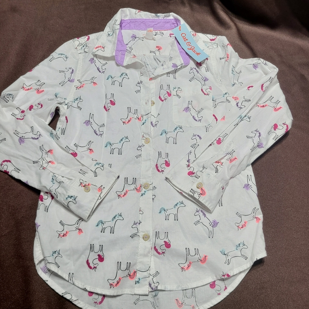 Cat and Jack long sleeve button down shirt Large 10/12 Unicorn NWT